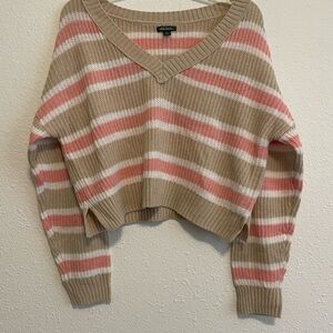 wild fable Beige, Pink & White Striped V-Neck Sweater
